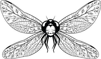 Intricate Line Art Dragonfly with Detailed Wing Veins and Leaf Motifs on White Background insect wings