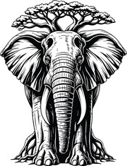 Majestic Elephant with Tree Trunk Body and Canopy of Leaves on White Background animal wildlife
