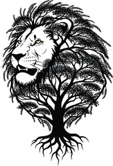 Majestic Lion Head Emerging from a Black Tree with Roots on White Background animal king