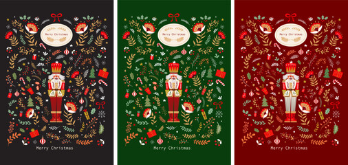 Nutcracker illustrations. Merry Christmas cover and cards design. Christmas illustration in Scandinavian style with traditional Christmas and New Year elements