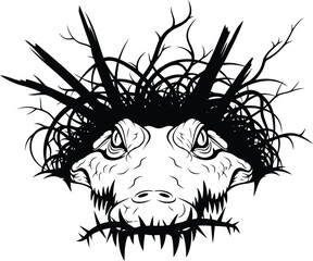 Spooky black silhouette of a crocodile head with thorny branches for hair and sharp teeth alligator