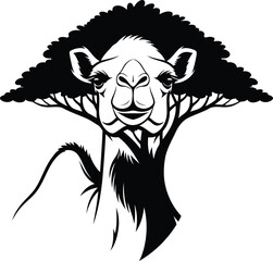 Stylized black and white illustration of a camel's head emerging from an acacia tree silhouette vector