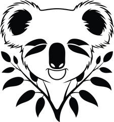 Stylized Black and White Koala Face with Eucalyptus Branches and Leaves animal wildlife