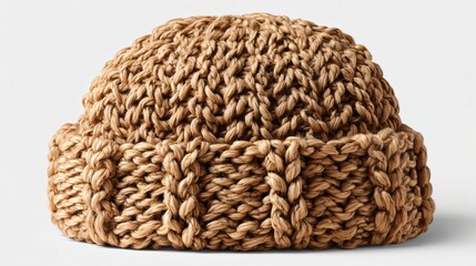 Obraz premium Cozy hand-knitted beanie in warm neutral tones, perfect for autumn and winter fashion campaigns, showcasing artisanal craftsmanship and comfort.