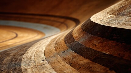 velodrome. Close-up of wooden velodrome track banking showing grain and curved structure. event key visuals, club posters, designed for sports event promotions and stadium branding.