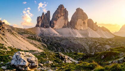 Majestic mountain peaks bathed in golden sunlight with grassy foreground and vast sky