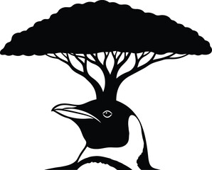 Stylized black silhouette of a penguin with a tree growing from its head on a white background black and white