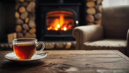 Cozy Tea by the Fireplace - A Warm Winter Scene.