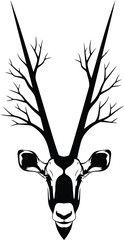 Stylized Oryx Head with Branching Antlers and Tree-like Horns on White Background antelope animal