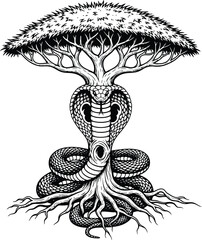 Stylized Tree Of Life With Cobra Wrapped Around Trunk And Roots On White Background snake branches