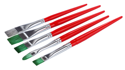 Paintbrushes with green paint on tips on transparent png background