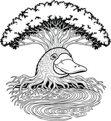 Whimsical black and white illustration of a duck's head with tree branches for a crown and roots in water, symbolizing nature's fusion