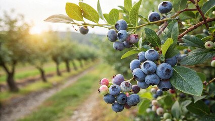 Blueberry on tree in garden, Blueberry hanging on tree in natural warm sunlight view