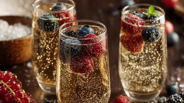 Champagne or sparkling wine with fresh berries in each glass.