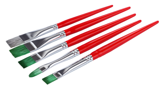 Paintbrushes with green paint on tips on transparent png background