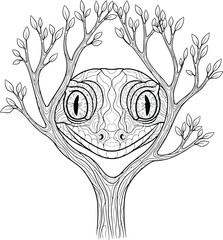 Whimsical Black and White Line Art of a Gecko Face Emerging from Tree Branches lizard animal
