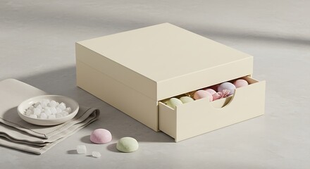 Elegant mockup of a single-drawer rigid confectionery box in matte ivory with a ceramic dish of sugar candies resting on a folded cotton napkin. Soft daylight, crisp texture,