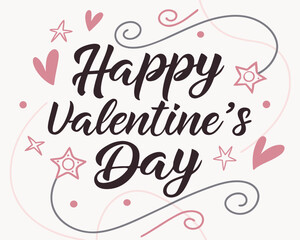 “Happy Valentine’s Day” elegant brush font with small stars and hearts, romantic minimalist vector template.
