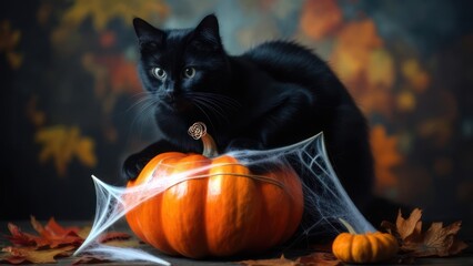 Black Cat Guarding Pumpkin with Spiderwebs in Autumn.