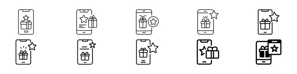 Mobile Offers and Rewards Line Icons Vector Set – Gift, Coupon, Promotion, Loyalty, Mobile gift and reward icon pack — flat outline style smartphone symbols with present box
