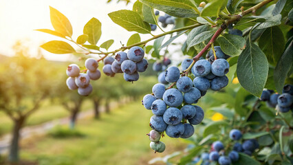 Blueberry on tree in garden, Blueberry hanging on tree in natural warm sunlight background