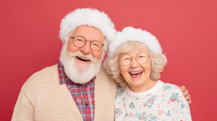 Joyful senior couple wearing Santa hats celebrates the holiday season with big smiles and festive cheer