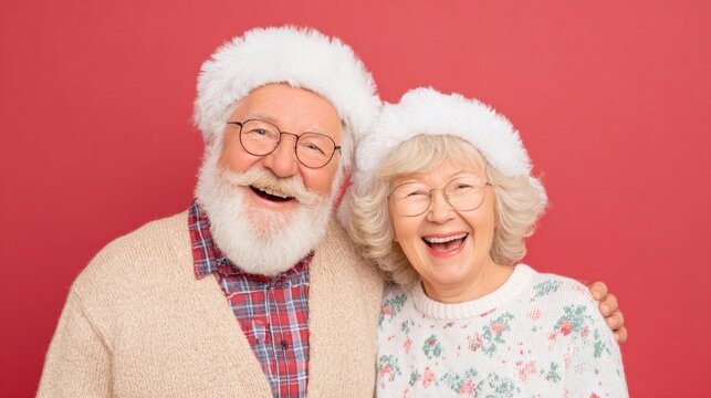 Joyful senior couple wearing Santa hats celebrates the holiday season with big smiles and festive cheer