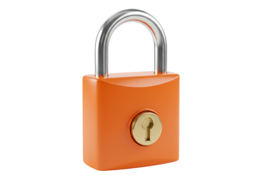Isolated orange padlock a square lock on a clear backdrop for security and safety