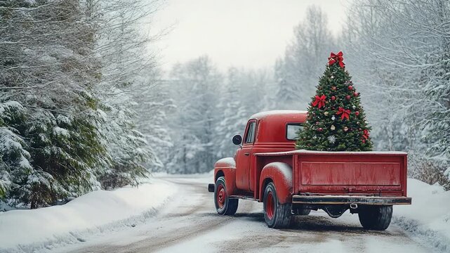 A vintage-style red truck with a decorated Christmas tree in the back, perfect for holiday season or nostalgic themed photoshoots