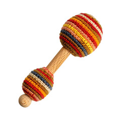 Colorful hand-knitted rattle designed for infants, showcasing a unique texture and playful design suitable for early childhood development