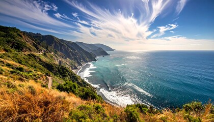 Panoramic coastal view, featuring rugged cliffs meeting the vast ocean under a bright blue sky with wispy clouds. Sunlight glitters