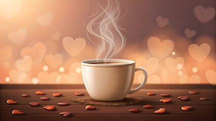 Hot cup of coffee with heart bokeh lights on wooden table

