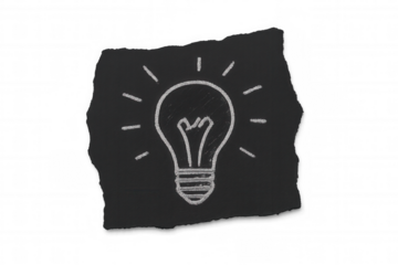 Light bulb drawing on torn black paper, symbolizing new ideas, creativity, and innovative thinking on transparent background