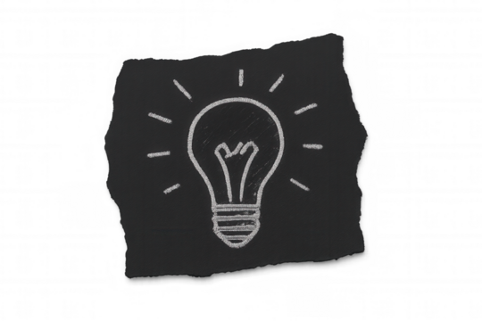 Light bulb drawing on torn black paper, symbolizing new ideas, creativity, and innovative thinking on transparent background