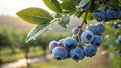 Blueberries tree with water drop in garden, Blueberry tree in natural warm sunlight background ©  Blar Studio