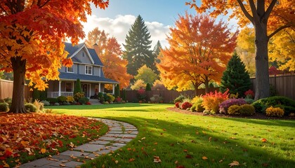 Picturesque autumn scene with a home and lush green lawn, surrounded by vibrant trees with changing foliage