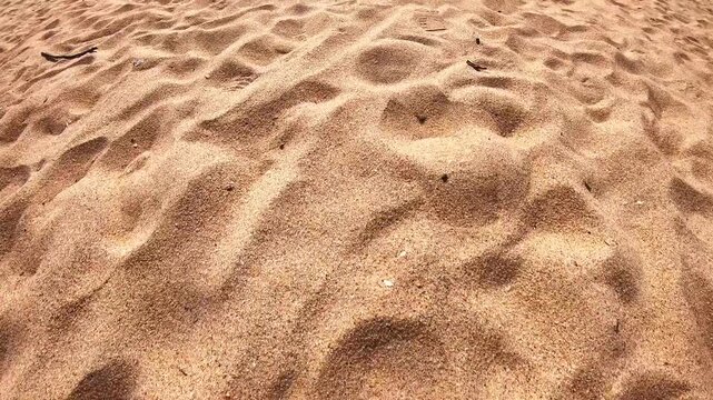 Flowing grains of sand shift and settle in a natural landscape, capturing the dynamic movement and texture of the sandy surface, revealing intricate patterns and shapes in a continuous motion sequence