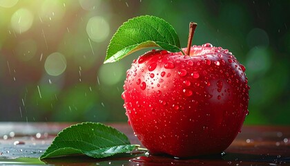 A single ripe red apple with water droplets and leaves on a wooden surface with a blurred green background.