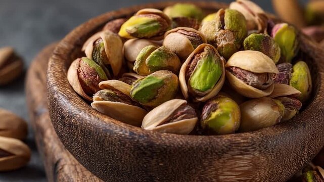 Pistachio nuts in a rustic wooden bowl, some cracked open to reveal the green kernels.