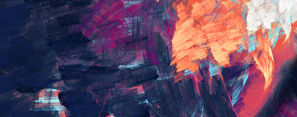 Dark blue art pattern. Abstract dynamic background with bright paint smears. Artistic texture in trendy colors. Fractal artwork for creative graphic design