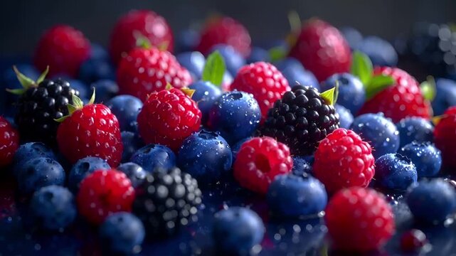 ブルーベリー、ラズベリー、ブラックベリーを組み合わせたクローズアップ写真です。
柔らかいサイドライトが果実の色と質感を際立たせます。
浅い被写界深度で背景がぼけ、ベリーが主役になります。