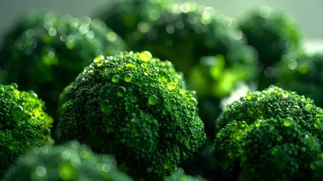水滴が付いた新鮮なブロッコリーのクローズアップ映像です。
柔らかい自然光が緑色の鮮やかさと質感を際立たせます。