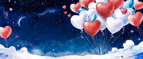 Love themed night illustration with stars and clouds. Floating red and white heart balloons in moonlit sky. Magical romantic night with hearts and shining stars.