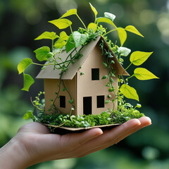 Sustainable living concept with cardboard house and plants in hand