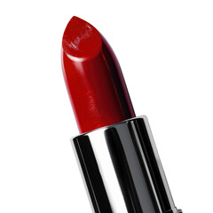 Bold red lipstick showcased in a sleek silver tube on a clean surface for beauty enthusiasts and makeup lovers