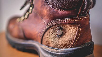heel. Close-up of a worn leather hiking boot heel showing inner material and texture. lifestyle magazines, social media lookbooks, designed for lifestyle magazines and social media content.