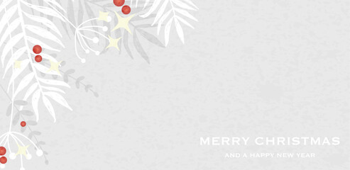 A holiday card with a festive design with leaves, red holly berries, and white stars, along with the text 'Merry Christmas and a Happy New Year' on a light beige background.