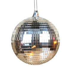Shiny disco ball hanging from the ceiling, reflecting lights during a lively party atmosphere