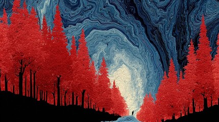 Aerial View of Red Maple Forest, Autumn Landscape for Background Design and Ecotourism Themes