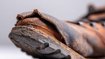 heel. Close-up of a worn leather hiking boot heel showing inner material and texture. lifestyle magazines, social media lookbooks, designed for lifestyle magazines and social media content.